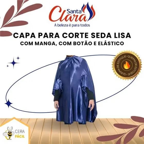 Capa De Corte Seda Lisa Com Manga Botão e Elástico Azul