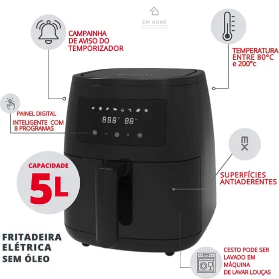 Fritadeira Air Fryer 5L Be Smart 1700W Preta 8 Programas