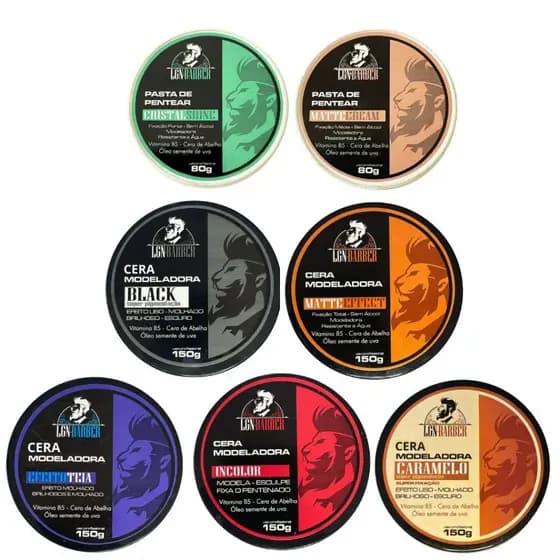 5 Ceras 150g (incolor, matte, caramelo, teia e black)+2 Pastas 80g (matte cream e cristal shine)