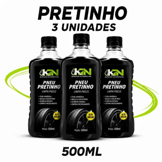 KIT 3 Pretinho Limpa Pneu Automotivo KN 500ml Brilho Intenso Roda de Carro Moto Caminhão