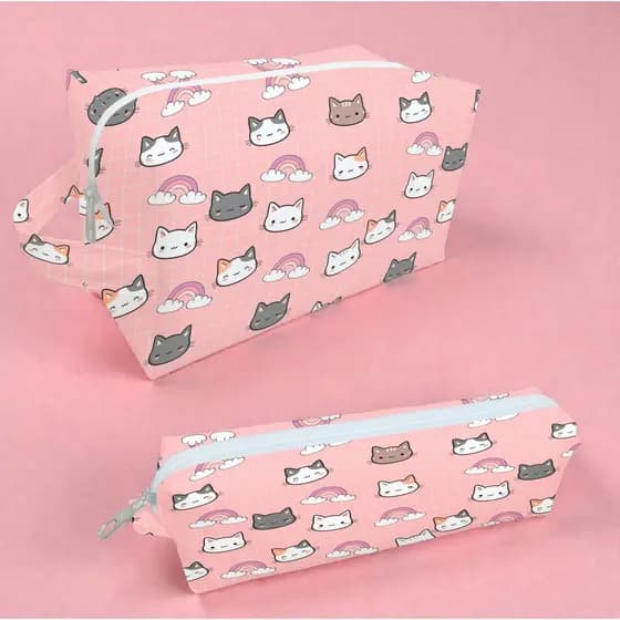 Necessaire Organizadora Gatinhos Estojo Lápis Bolsinha Rosa Estampa Arco-íris Infantil Escola Menina