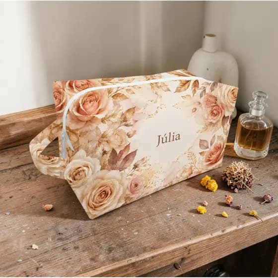 Necessaire Personalizada Floral Rosé Bolsinha Organizadora Com Nome Porta Maquiagem Feminina Delicada Elegante