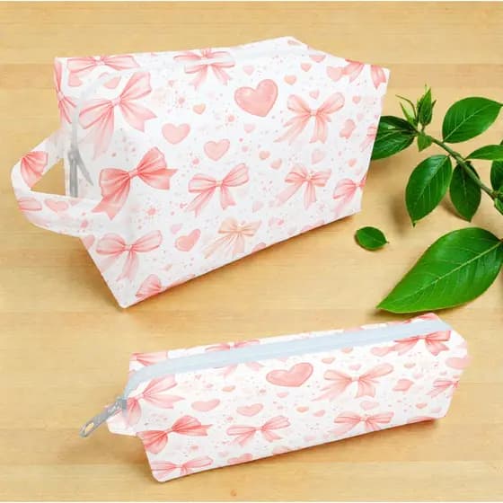 Necessaire Feminina Branca Laços e Corações Bolsa Porta Maquiagem Estojo Organizador Multiuso Delicada Presente