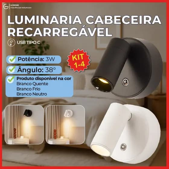 Arandela Spot Luminária Cabeceira Recarregável Led Redonda 3W com 3 Tons de Luz Bivolt