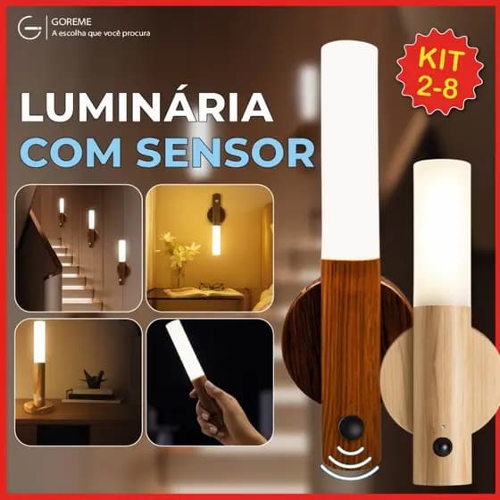 Kit 2-8 Luminária Portátil com Sensor de Movimento Led Moderno Textura Madeira Bastão com Ímã Bivolt