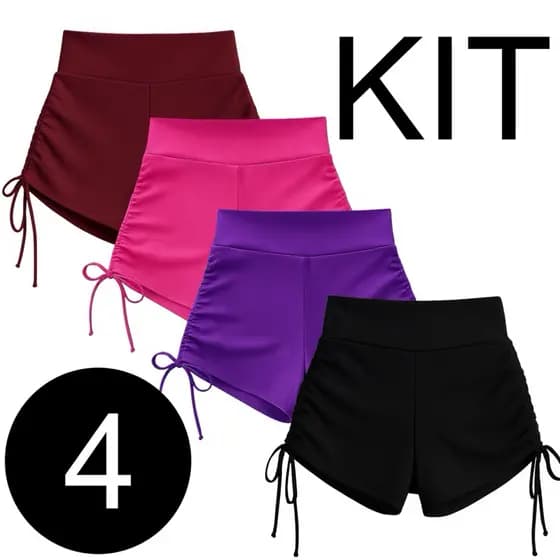 Kit 4 Shorts Academia Fitness Cintura Alta Lacinho Regulagem Lateral