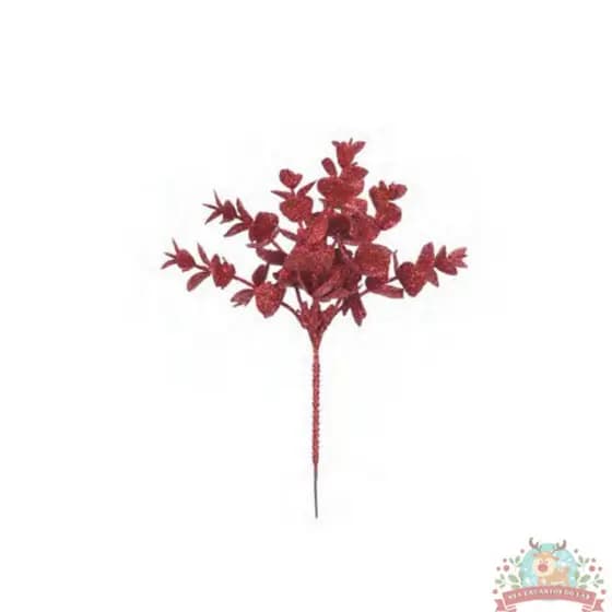 Galho Enfeite Decoração de Natal Flor Folhas de Eucalipto com Glitter Vermelho - 24 cm