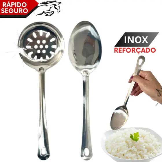 Kit Utensílios Inox Escovado Colher de Arroz Escumadeira Compacta Cozinha Self Service