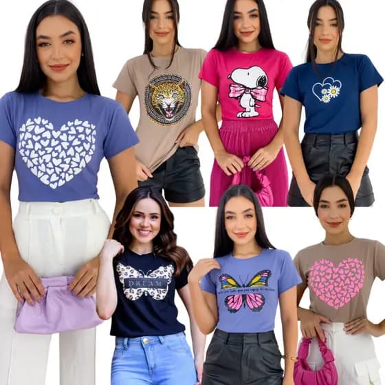 Kit 3 T-shirt Feminina / Camiseta / Baby Look / Estampada / verão / Inverno 100% algodão fio 30.1