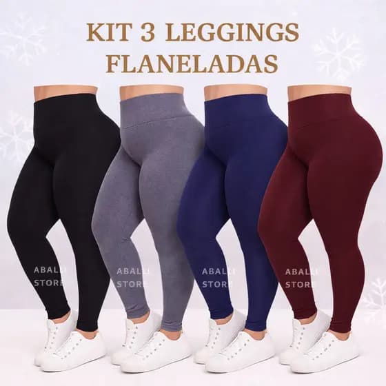 Kit 3 Calça Legging Plus Size Peluciada Suplex Flanelada