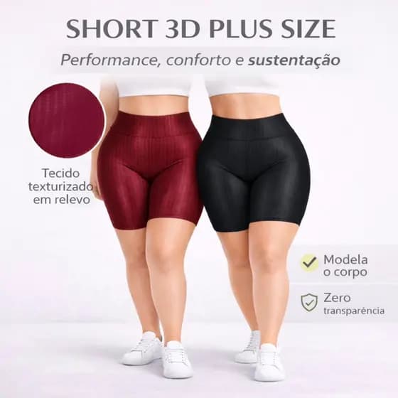 Kit 2 Shorts Feminino 3D Plus Size Suplex Cintura Alta