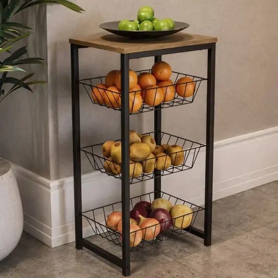 Fruteira de Chão Preto Fosco com 3 Cestos – Suporte Bebedouro / Microondas