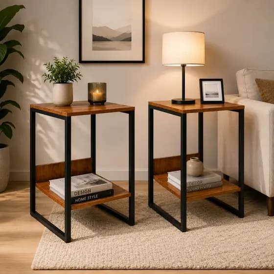 Kit 2 Criado Mesa Cabeceira De Cama Industrial De Aço Com Prateleira Madeira Mdf