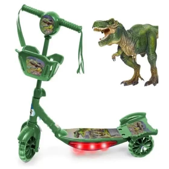 Patinete Musical Verde Dinossauro 3 Rodas Emite Luz e Som