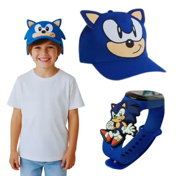 Kit Aventura Sonic: Boné Ajustável + Relógio Digital Temático
