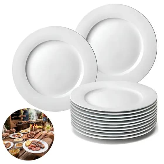 Kit 24 Pratos Rasos 28cm Resistente Branco Melamina Premium Grande Refeição