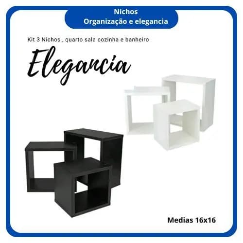 Kit 3 Nichos Quadrado Preto ou Branco 16 Decoração Sala Quarto Cozinha MDF 16x16cm Envio Imediato