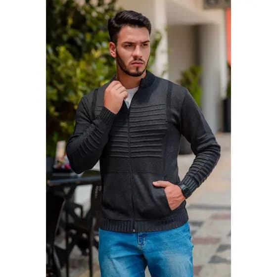 Casaco De Frio Lã Tricot Masculino Jaqueta Masculina Com Bolso e Ziper