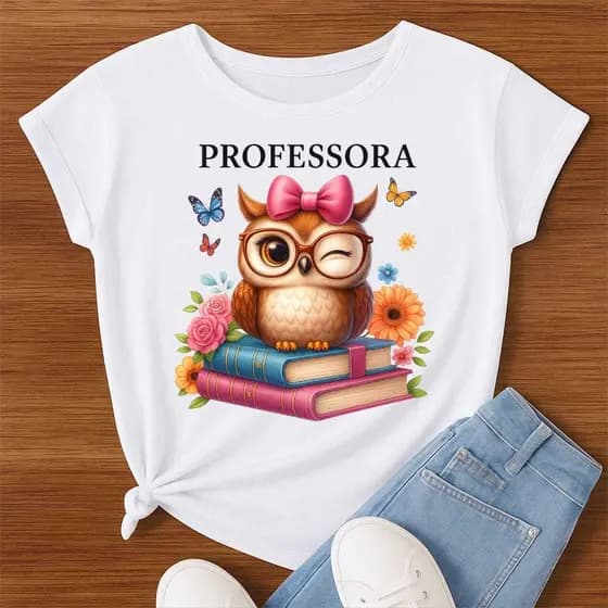 Camiseta Professora Feminina Estampa Coruja Fofa com Livros – Presente Criativo Educadora