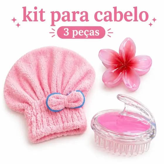 Kit para cabelo 3 peças completo_ Touca Microfibra + Escova Massageadora +Presilha flor- cuidados capilares