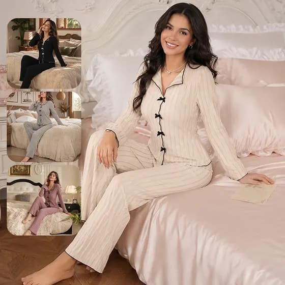 Conjunto De Pijama Feminino De Manga Comprida Listrado Botão Para Baixo Pijamas Outono Macio Loungewear Com Calças Compr