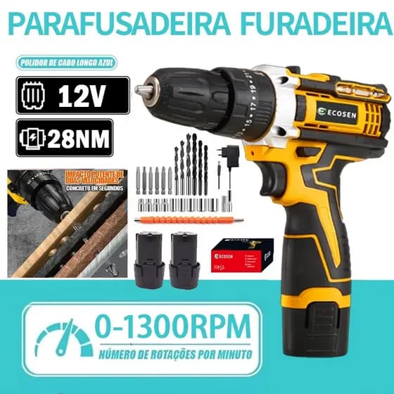 Parafusadeira Furadeira 12v Profissional caixae de papelão e acessórios Completa 2 Baterias