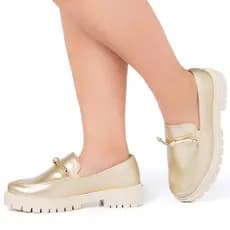 Sapato Mocassim Feminino Sola Tratorada Brilho Metalizado Confortável Moda Verniz Promoção Original