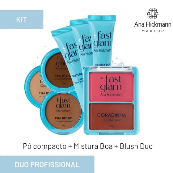 Kit Pó Compacto Tira Brilho (6 opções) + Base 2 em 1 (8 opções) + Blush Duo Coradinha Rosada Fast Glam