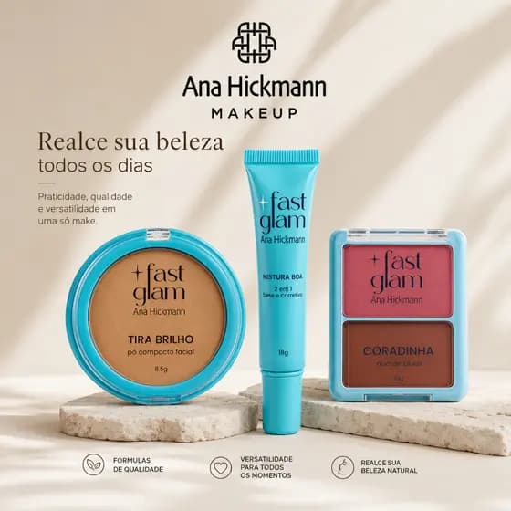 Kit Pó Compacto Tira Brilho (6 opções) + Base 2 em 1 (8 opções) + Blush Duo Coradinha Rosada Fast Glam