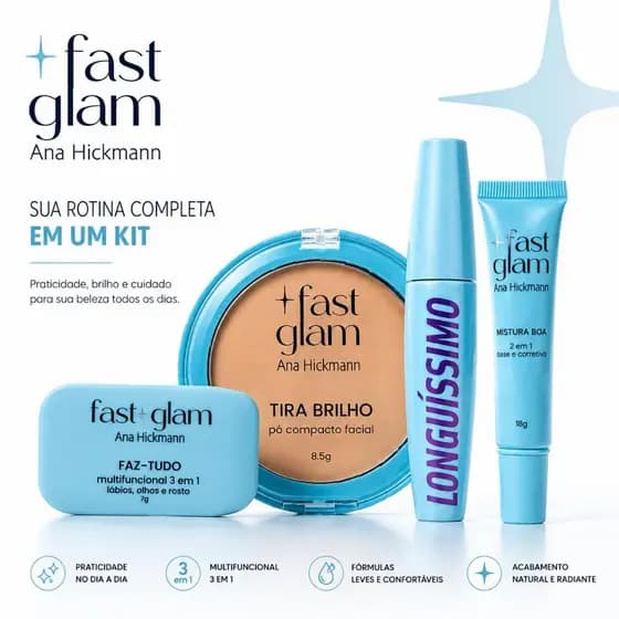 Kit Fast Glam Ana Hickmann Maquiagem Completa para Rosto Olhos e Lábios Efeito Pele de Cinema