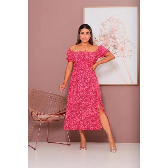 Vestido Feminino Midi com Manga Princesa com forro e Fenda na Frente Elegância - Moda Casual