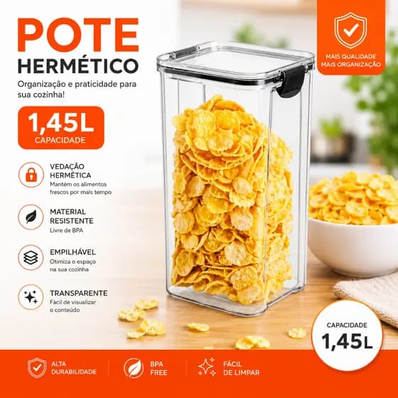 Pote Hermético 1,45 Litros Tampa De Vedação Empilhável