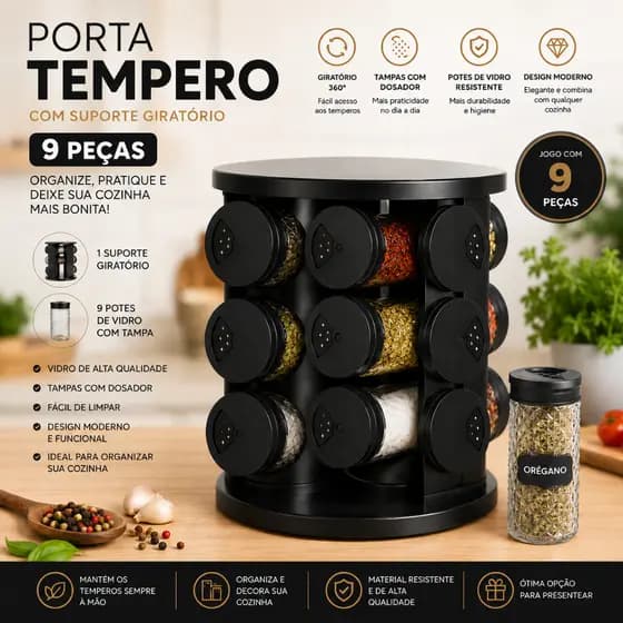 Porta Condimento Giratório 9 Pote Vidro Tampa Dosadora Preto