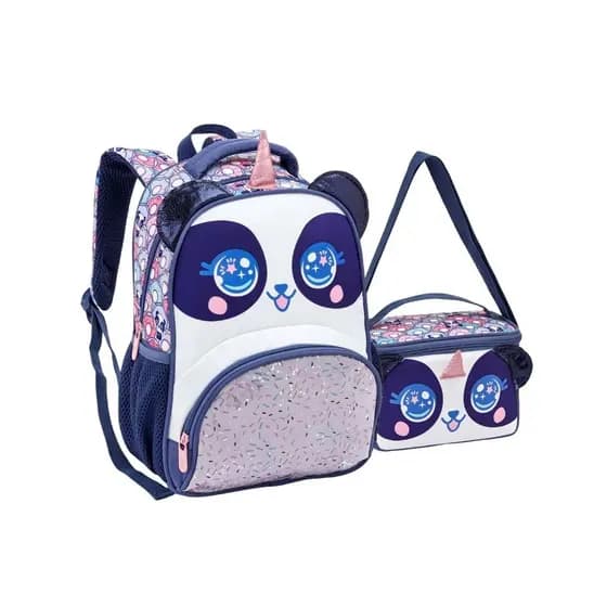 Kit Mochila Costas Lancheira Gatinha Panda Escolar Meninas