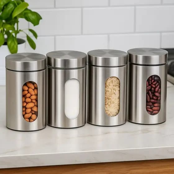 Jogo 4 Pote Hermético Vidro Inox com Visor 1L Mimo Style Cozinha Organizada