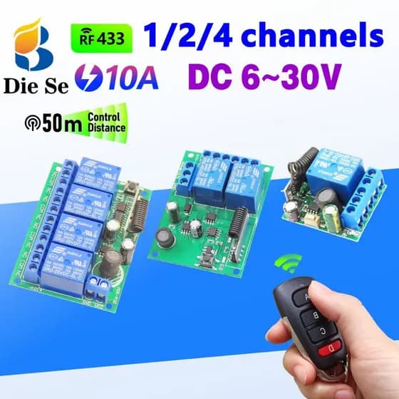 Interruptor de controle remoto RF 433MHz, DC 10A 6V 12V 24V 30V, módulo de relé de 1/2/4 canais para LED/motor
