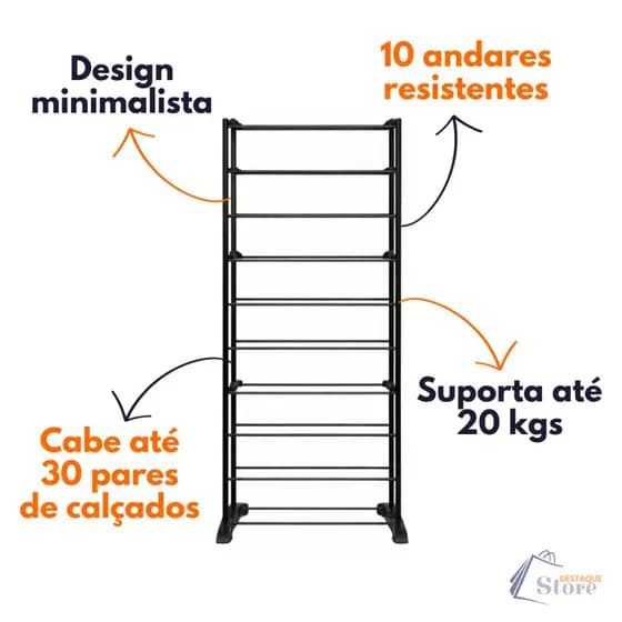 Sapateira 10 Andares Preta Até 30 Pares Organizador Vertical Desmontável Multiuso Fácil Montagem
