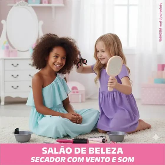 Brinquedo Salão Beleza Infantil Completo Profissional Secador Funciona Acessórios Escova Tesoura Bob