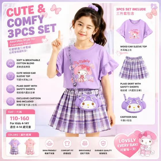 Conjunto de Camiseta com Babados e Saia para Meninas, Roupas My Melody, Conjunto de Roupas Infantis, Conjunto Fofo de Du