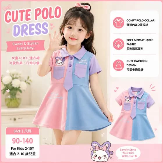 Vestido estilo polo universitário para meninas, vestido super fofo com estampa de desenho animado para meninas pequenas,