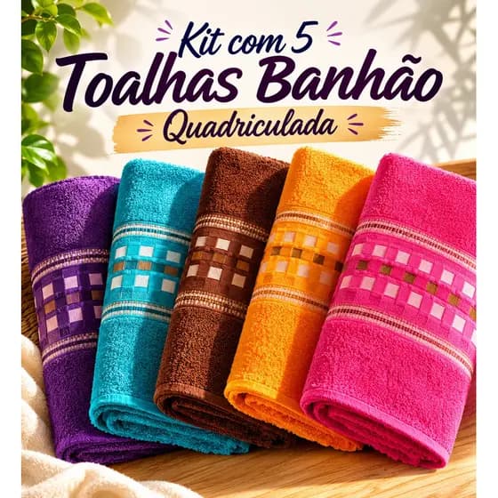 Kit com 5 Toalhas Banhão Quadriculada Unissex 100% Algodao Alta Absorção Macia Felpuda 80x180 cm