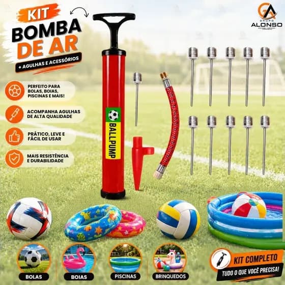 Bomba de Ar Manual c/ Acessórios + 20 Bicos de Metal p Encher Bolas Bico p/ Infláveis Boia Piscinas
