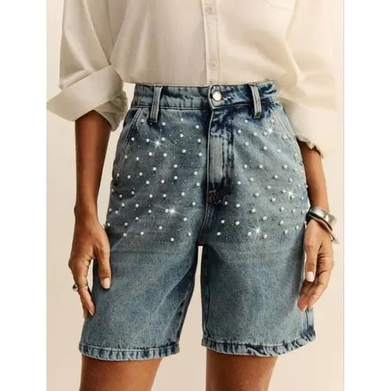 Bermuda Jeans Feminina Pérolas