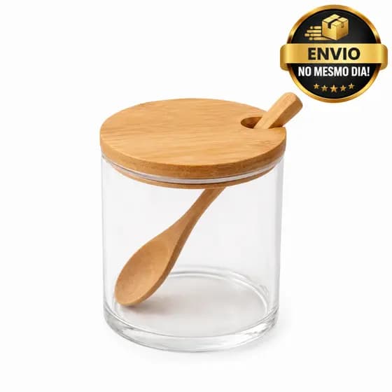 Porta Condimentos Hermético Vidro Tampa Bambu Colher 250ml Temperos Açúcar Sal Café
