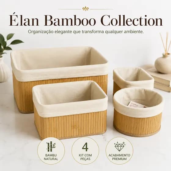Kit 4 Cestos Organizadores em Bambu Natural Multiuso com Forro de Tecido para Banheiro Cozinha Closet