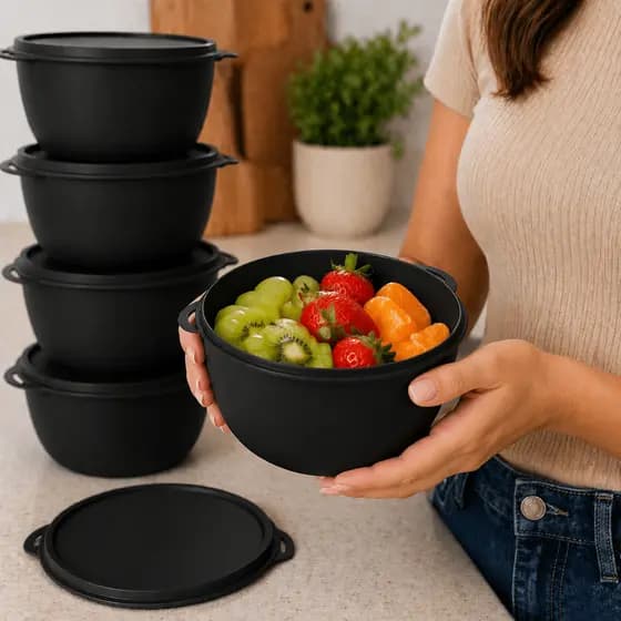 Kit 10 Potes Bowl 1000ml Plástico com Tampa Marmita Cozinha, Freezer, Micro-ondas e Lava-Louças.