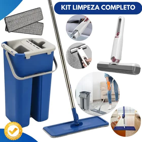 Rodo MOP Limpeza Esfregão Flat com Balde Lava Seca tira Pó Profissional + Mini MOP Rodo Mágico Carro