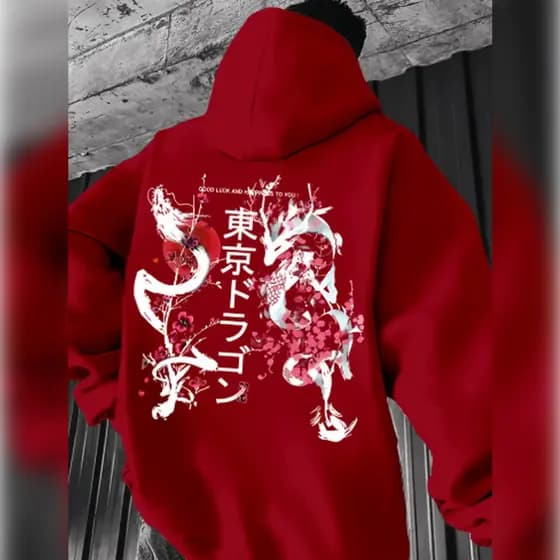 Moletom Sweatshirt casual com capuz para homem - Manga comprida com gráfico de flores de cerejeira e caligrafia japones