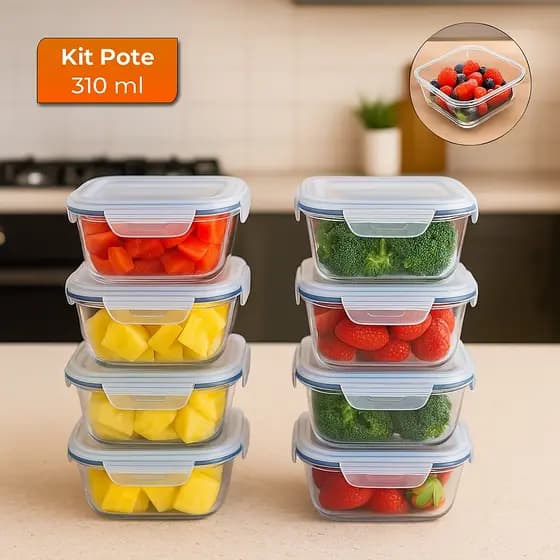 Kit Pote Hermético De Vidro Borossilicato Marmita Mantimentos 310Ml / 700Ml e 1050Ml Quadrado 4 Travas