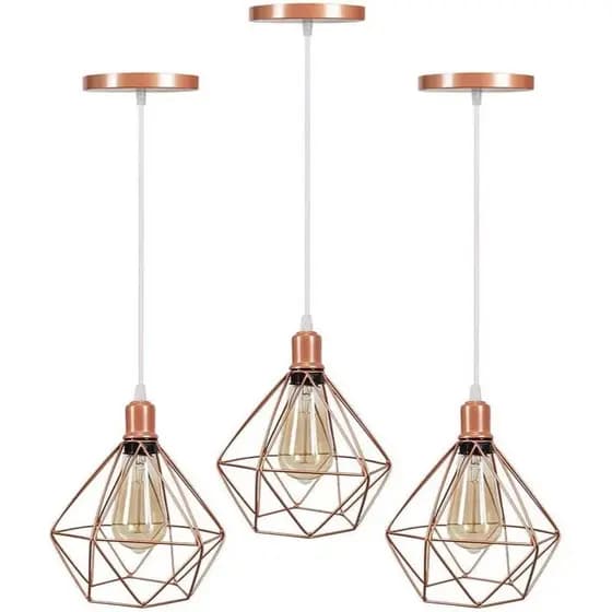 Kit 3 Lustre Pendentes Diamante Luminárias de Teto Cabo Regulável Modelo Diamante Rose Gold